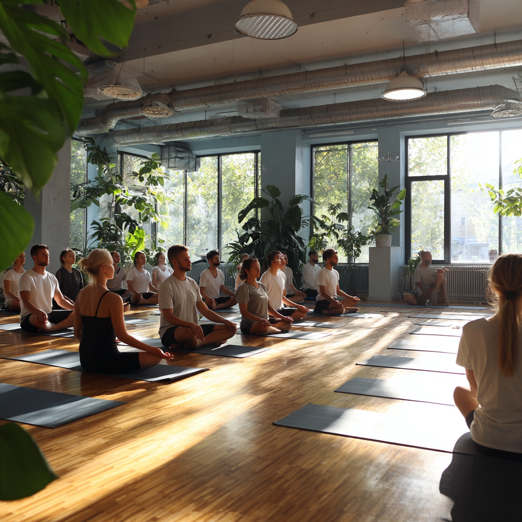 Grupo de personas practicando yoga en clase grupal